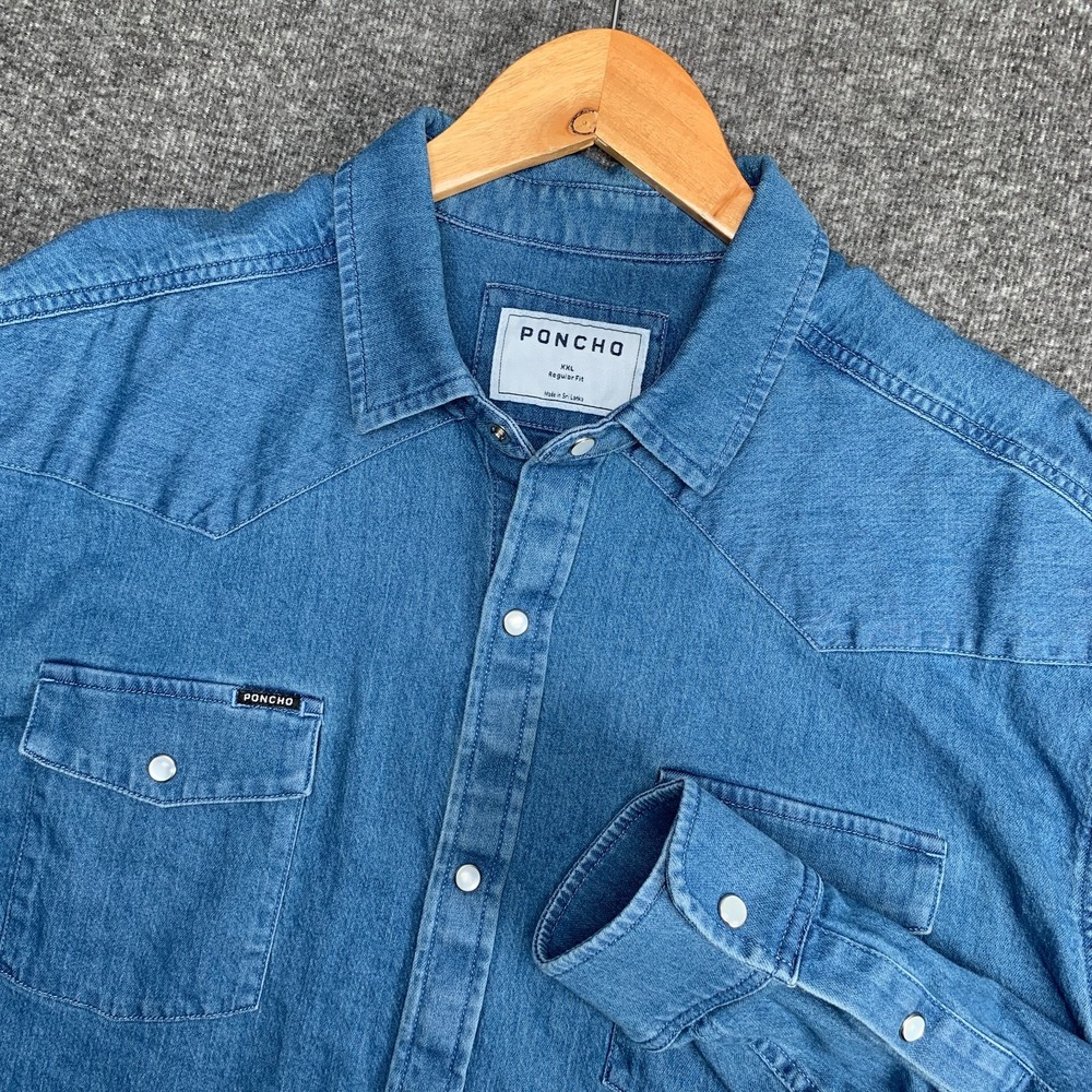 Poncho Denim Pearl Snap Shirt Men 2XL Regular Blue Outdoors Western Ranch